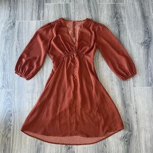 Lulus Lucia Polka Dot Three Quarter Sleeve Dress Brown Women's Size S